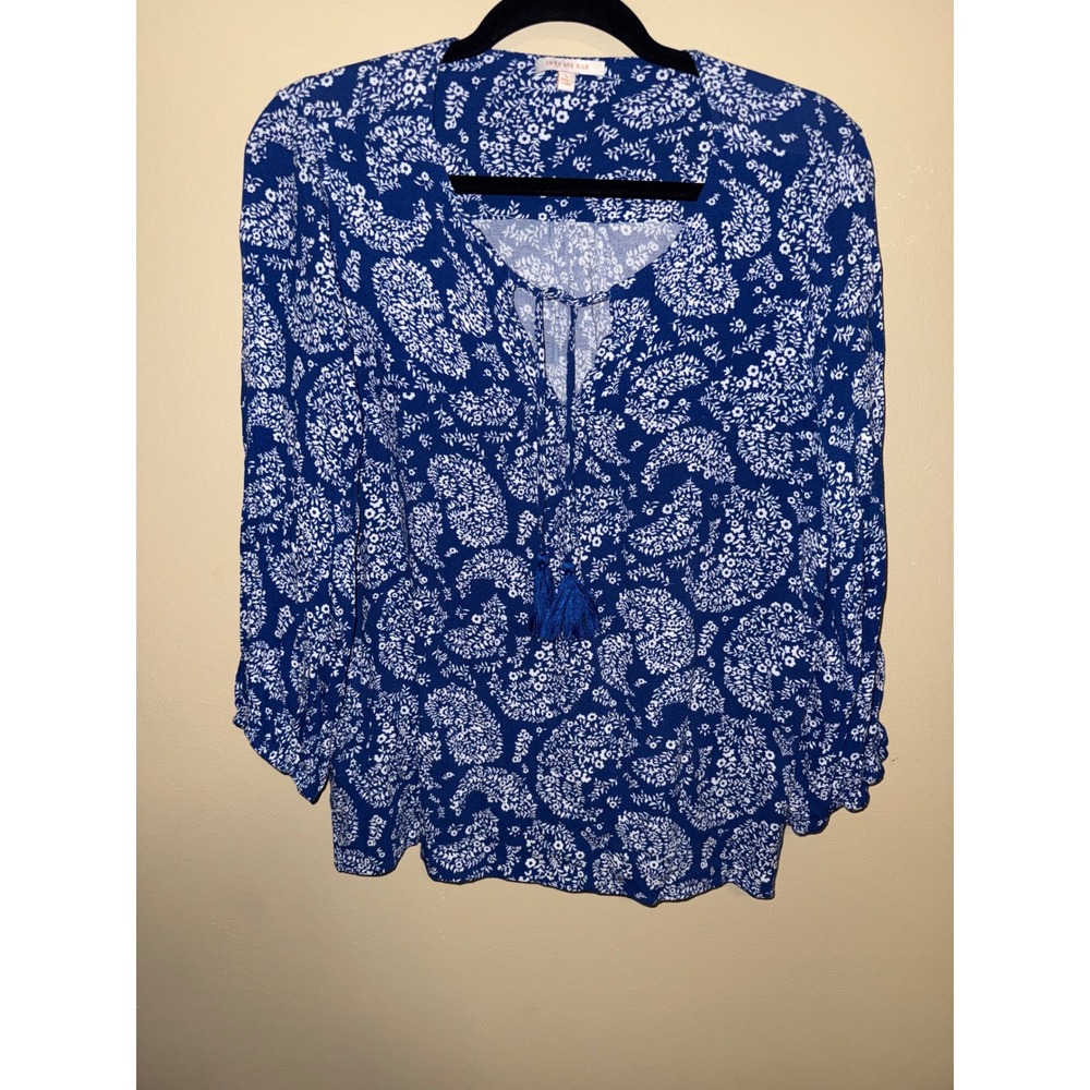 Womens L Blue White‎ Bohemian Paisley Floral Tassel Tie Blouse Top Cottagecore